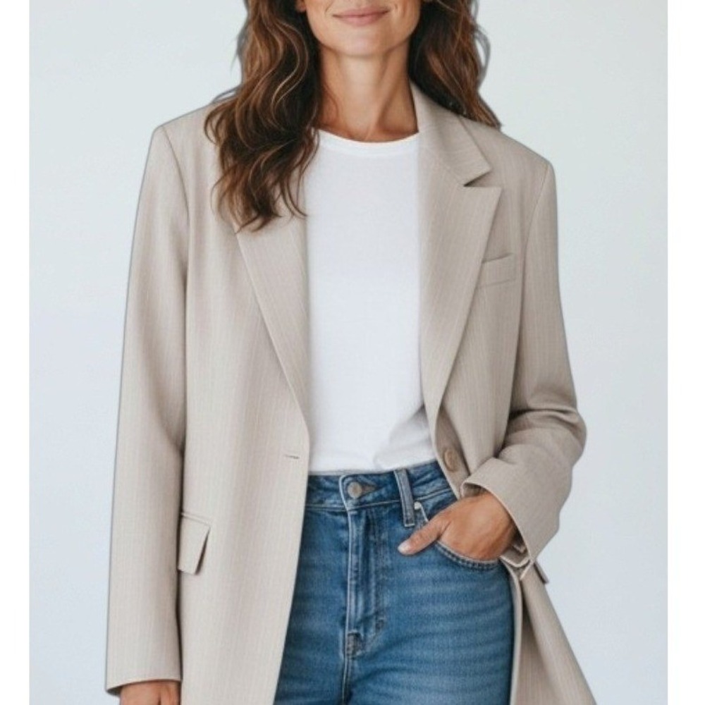 SUNDARBAY Womens M NWT Pinstripe Oversized Blazer Nude Beige Wool Blend
